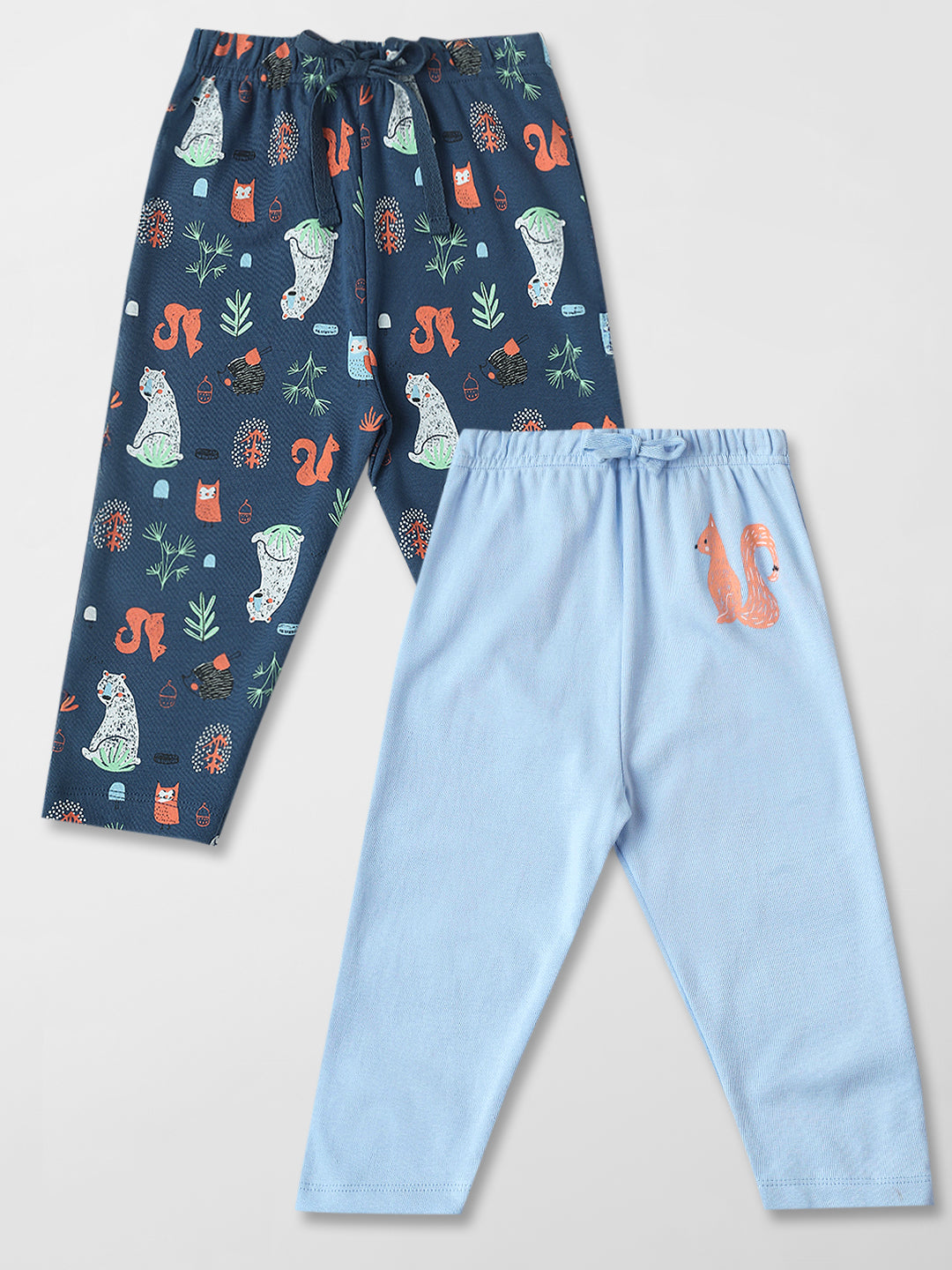 Nautinati Cotton Solid and Forest AOP Pack of 2 Pants Set for Baby Girls