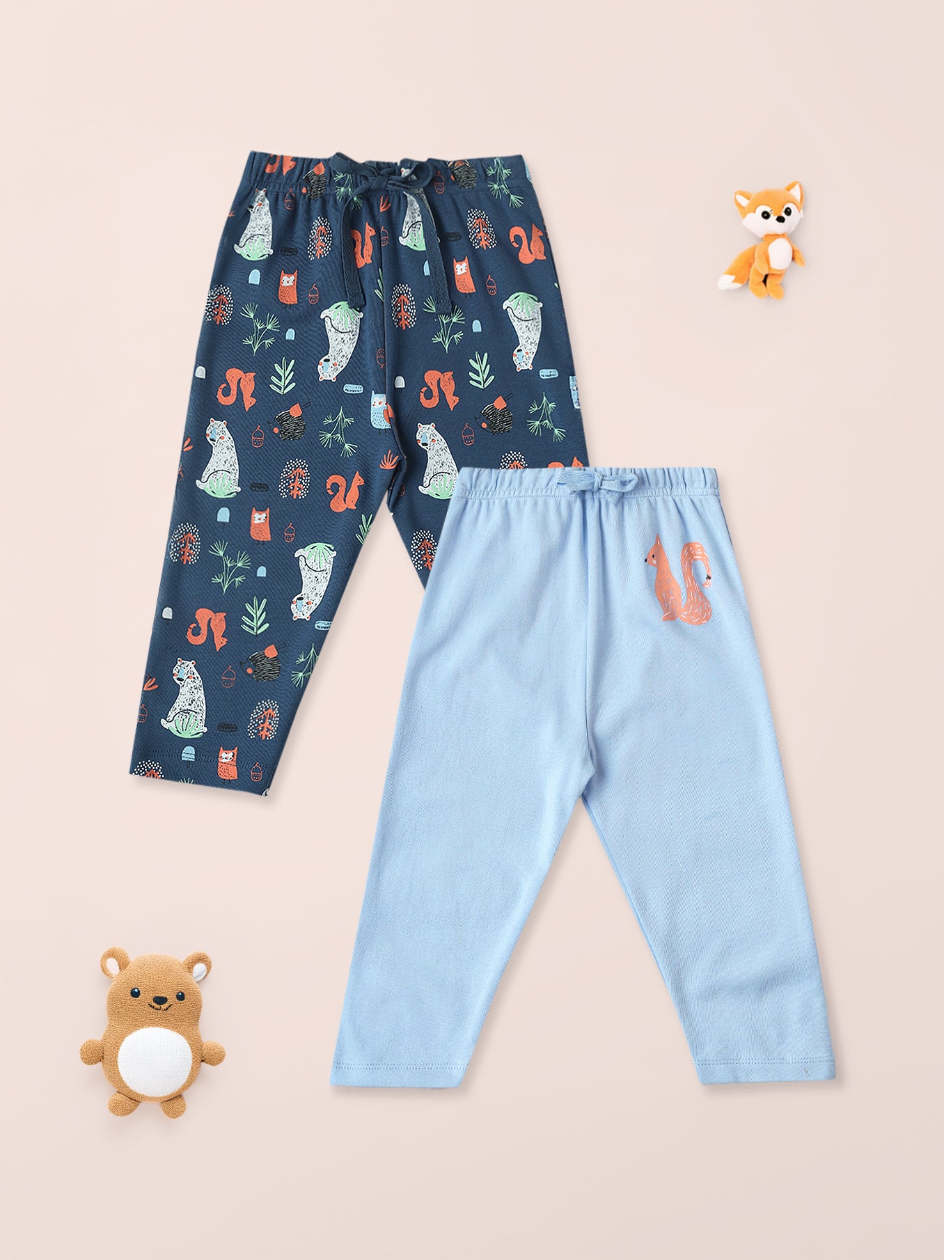 Nautinati Cotton Solid and Forest AOP Pack of 2 Pants Set for Baby Girls
