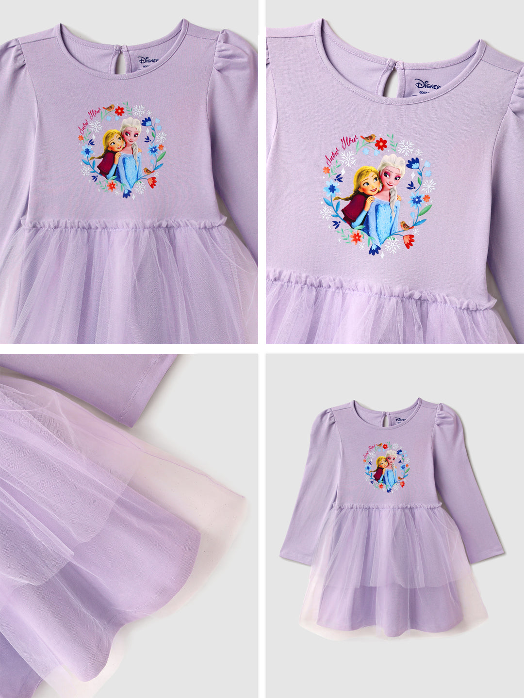 Nautinati Lavender Frozen Print Partywear Dress for Girls