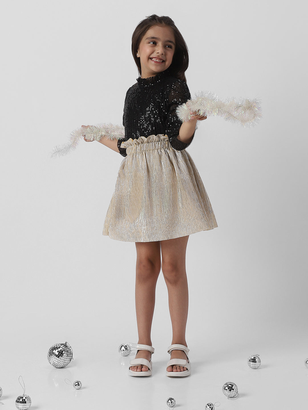 Nautinati Girls Frilled Neckline Stylised Sleeve Sequin Partywear Combo Set of Top and Skirt