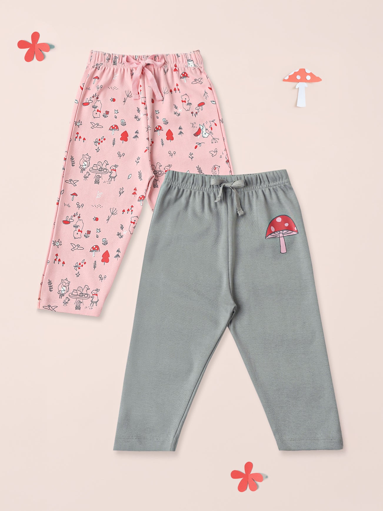 Nautinati Cotton Solid and Forest AOP Pack of 2 Pants Set for Baby Girls