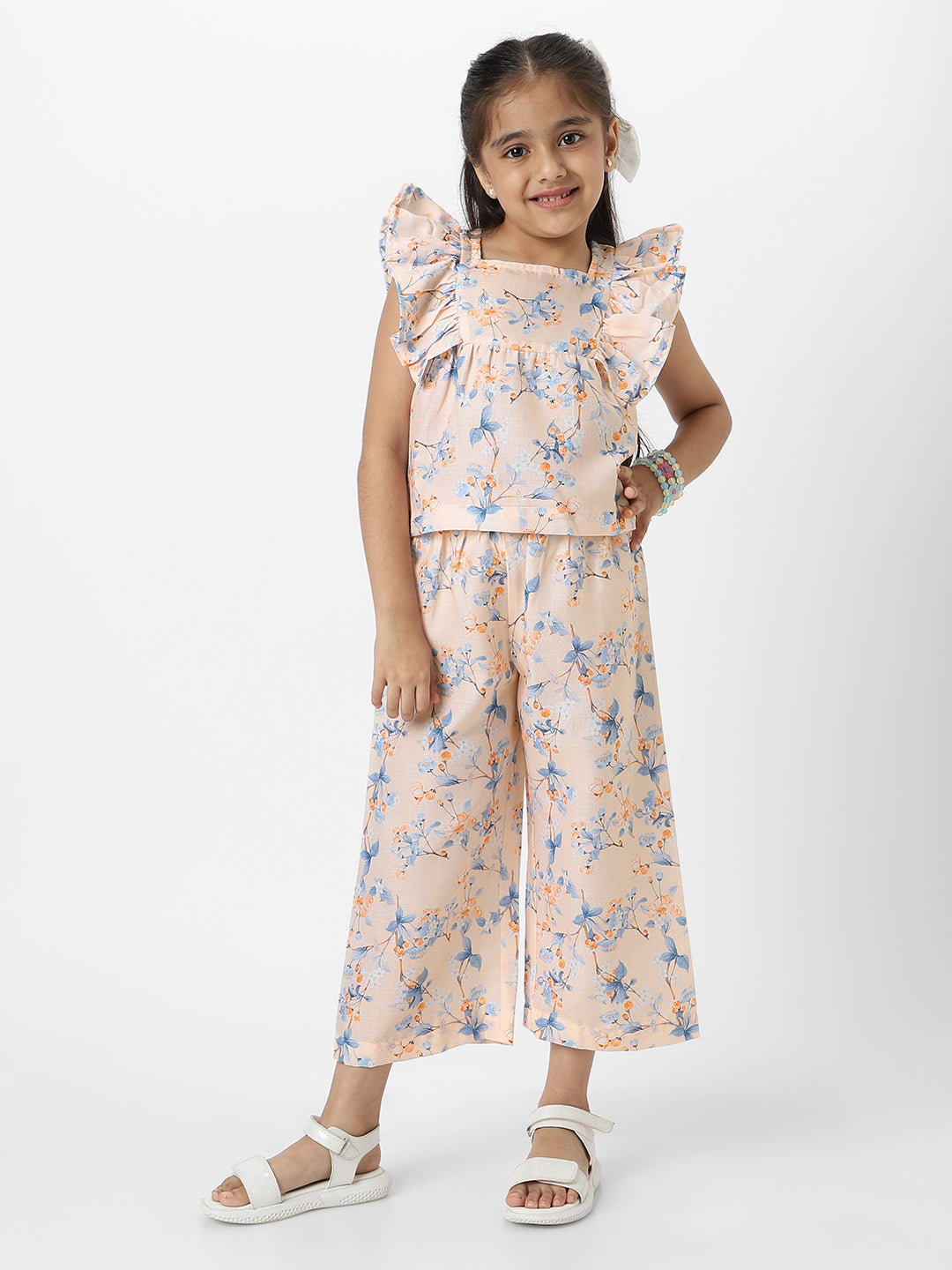 Nautinati Girls' Peach Linen Combo Set of Floral Printed Frill Sleeve Top and Matching Full Length Bottom
