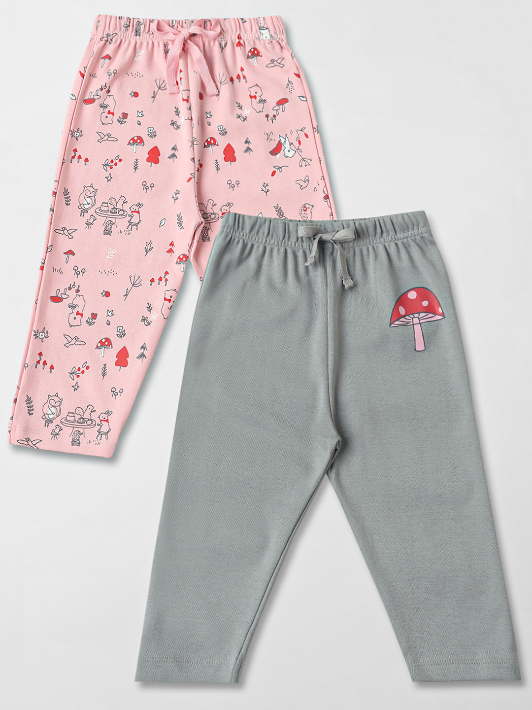 Nautinati Cotton Solid and Forest AOP Pack of 2 Pants Set for Baby Girls