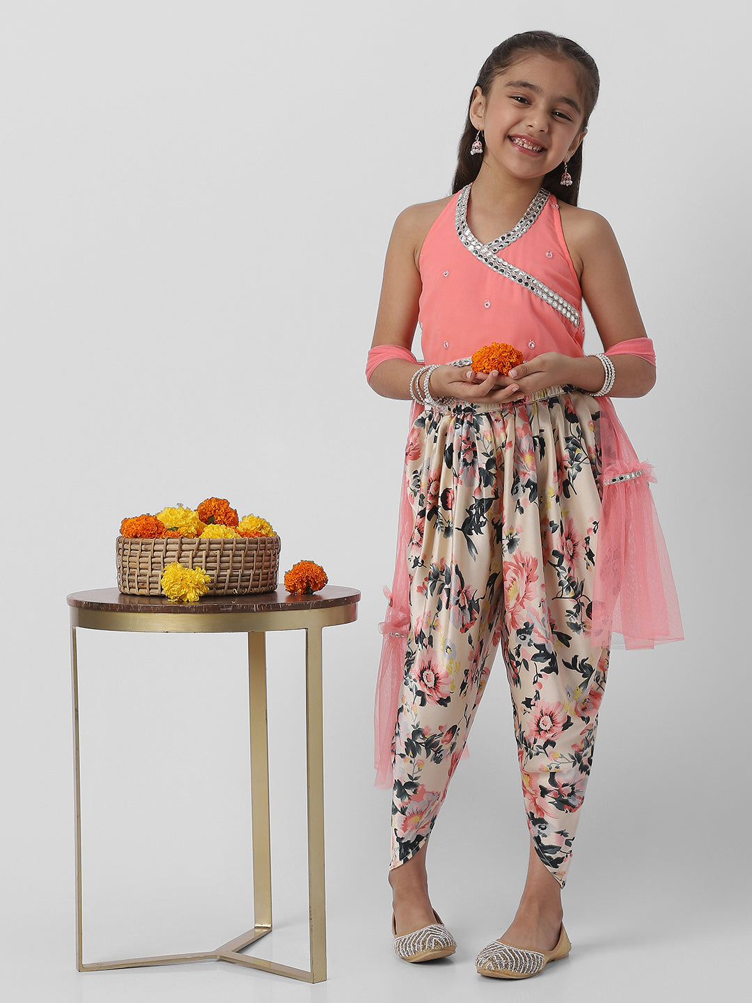 Nautinati Girls Halter Neck Mirror Lace Top and Printed Patiala Pants with Net Dupatta