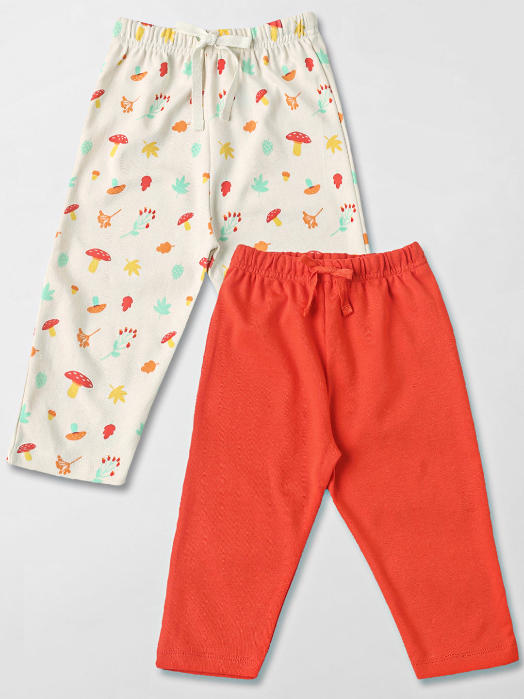 Nautinati Cotton Solid and Forest AOP Pack of 2 Pants Set for Baby Girls