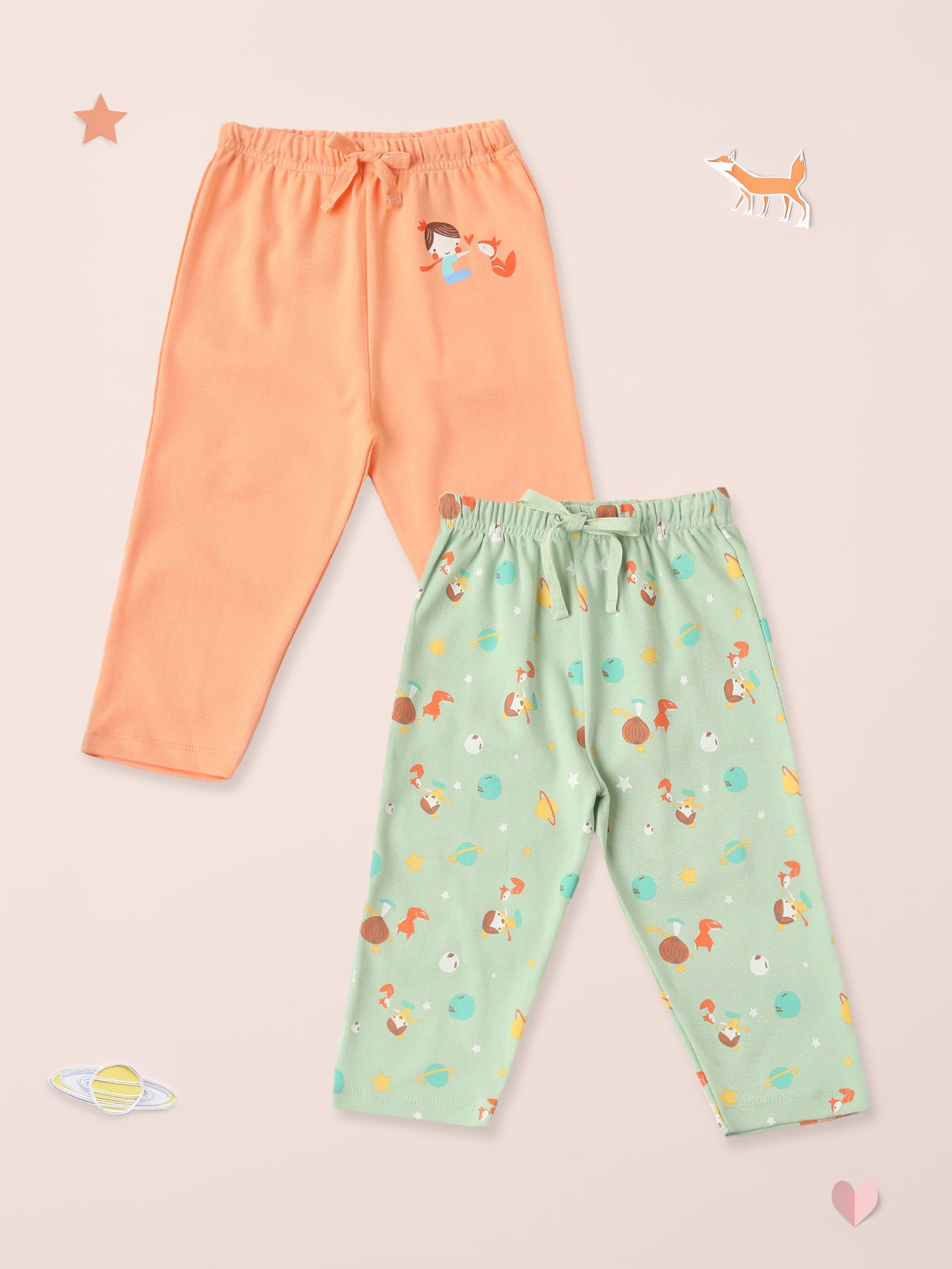 Nautinati Cotton Solid and Forest AOP Pack of 2 Pants Set for Baby Girls