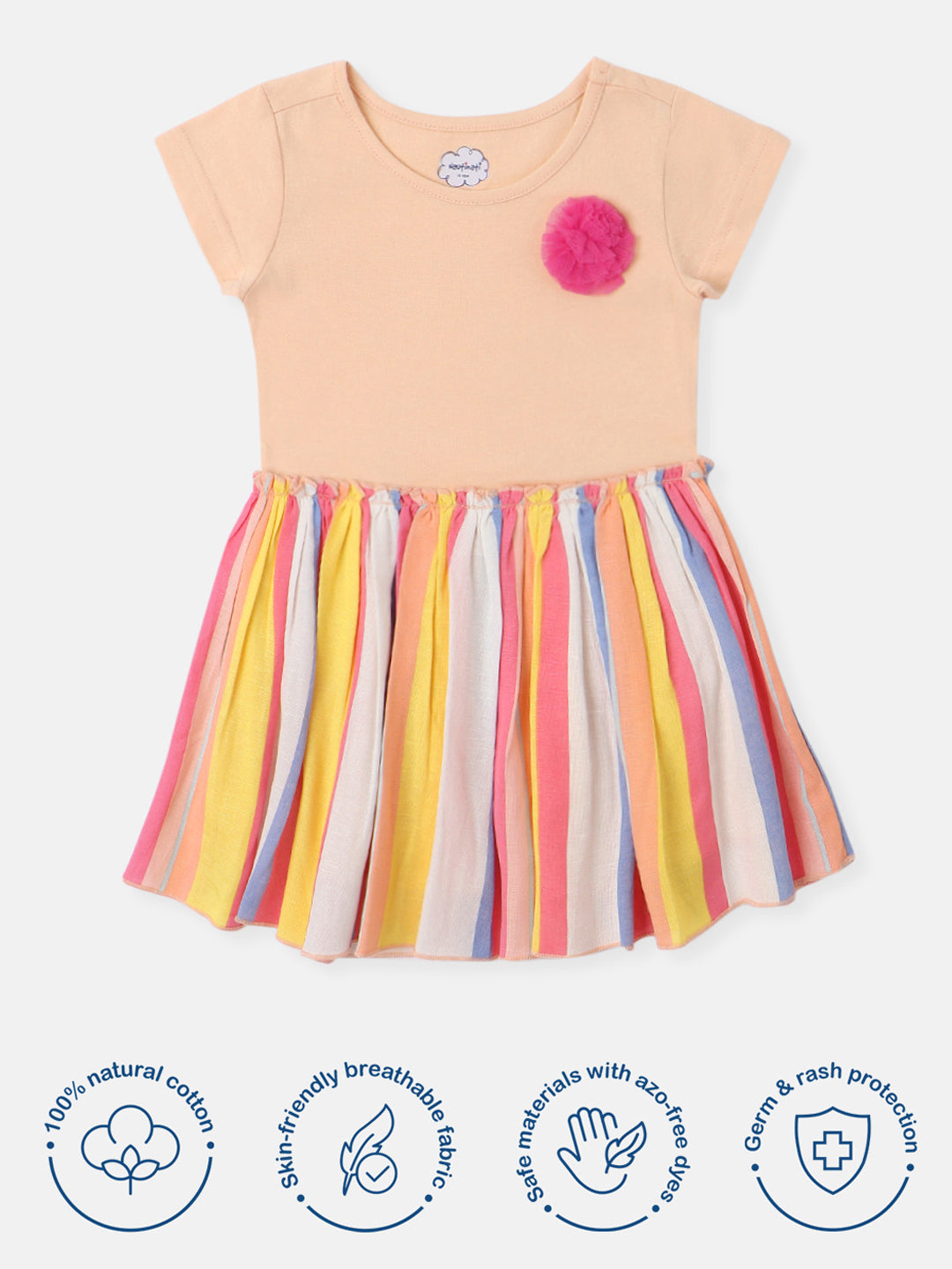 Nautinati Girls Cotton Striped Mesh Dress with Knitted Upper Bodice