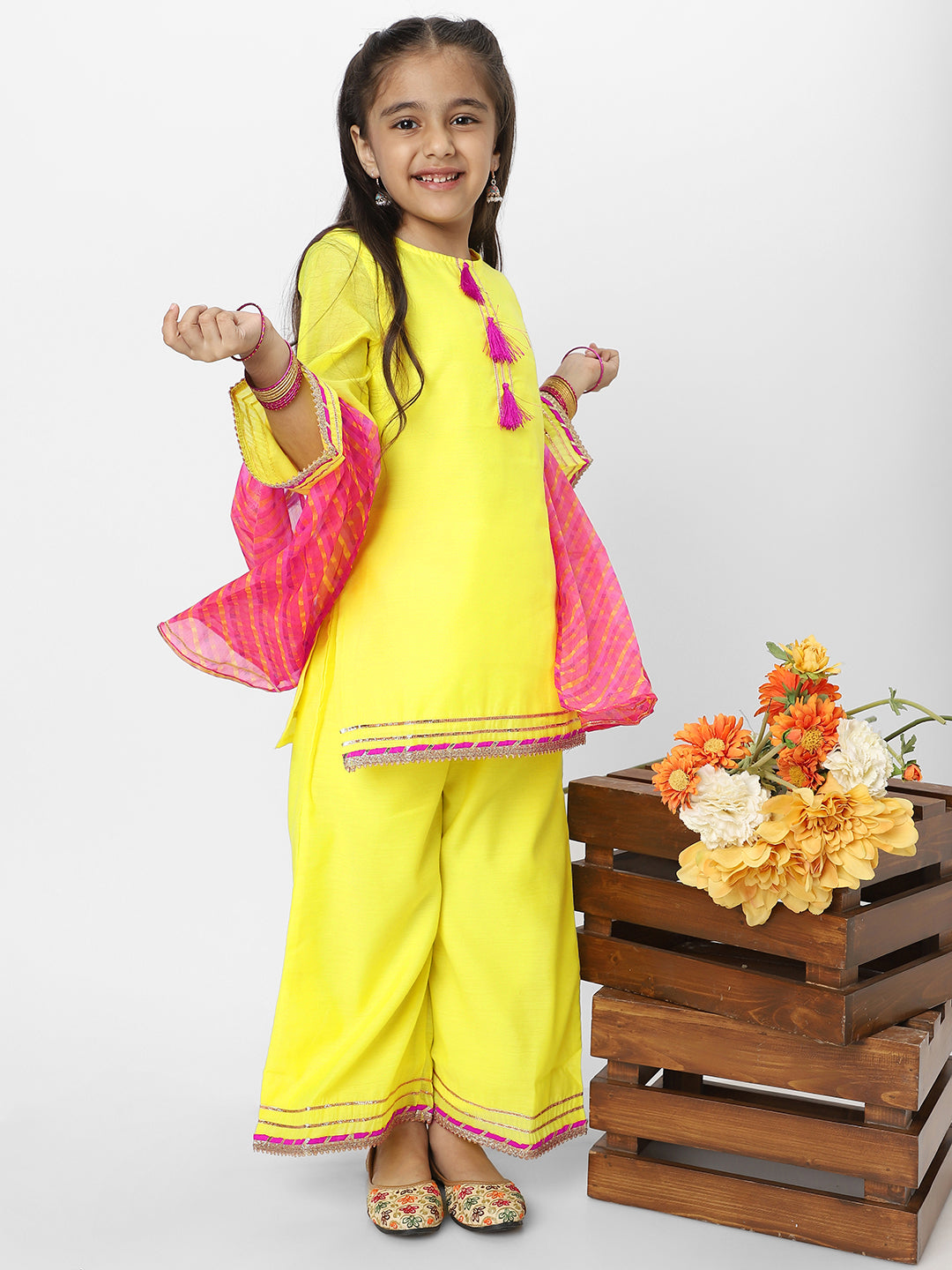 Nautinati Girls' Yellow Tassel Detail Occasion Wear Kurti Set With Printed Chiffon Dupatta