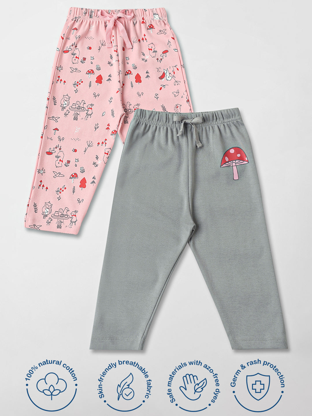 Nautinati Cotton Solid and Forest AOP Pack of 2 Pants Set for Baby Girls