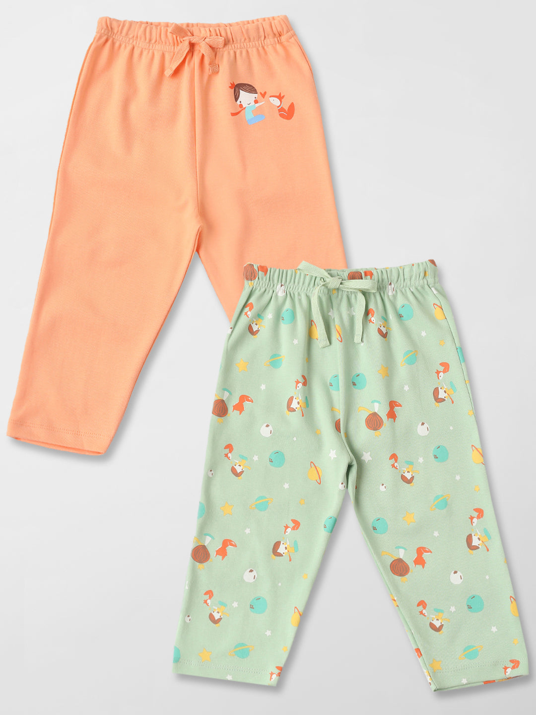 Nautinati Cotton Solid and Forest AOP Pack of 2 Pants Set for Baby Girls
