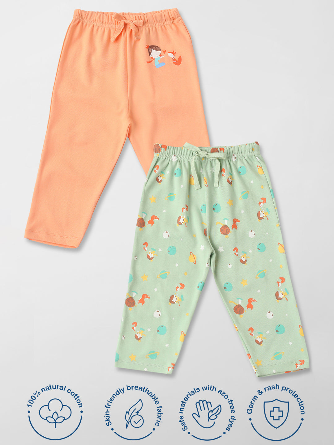 Nautinati Cotton Solid and Forest AOP Pack of 2 Pants Set for Baby Girls