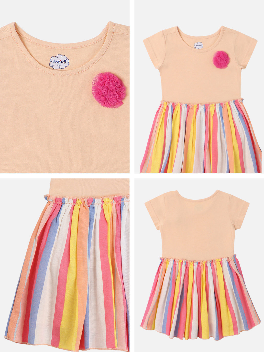 Nautinati Girls Cotton Striped Mesh Dress with Knitted Upper Bodice