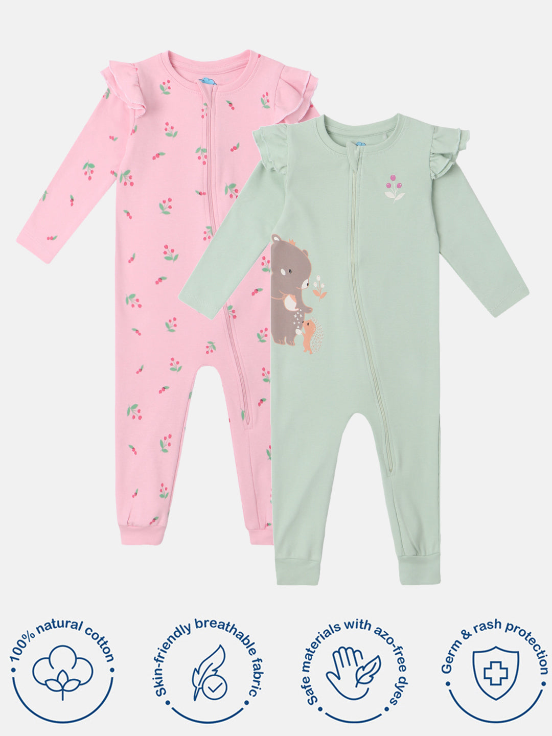 Nautinati Infant's Premium Cotton Graphic Printed Pack of 2 Sleepsuits