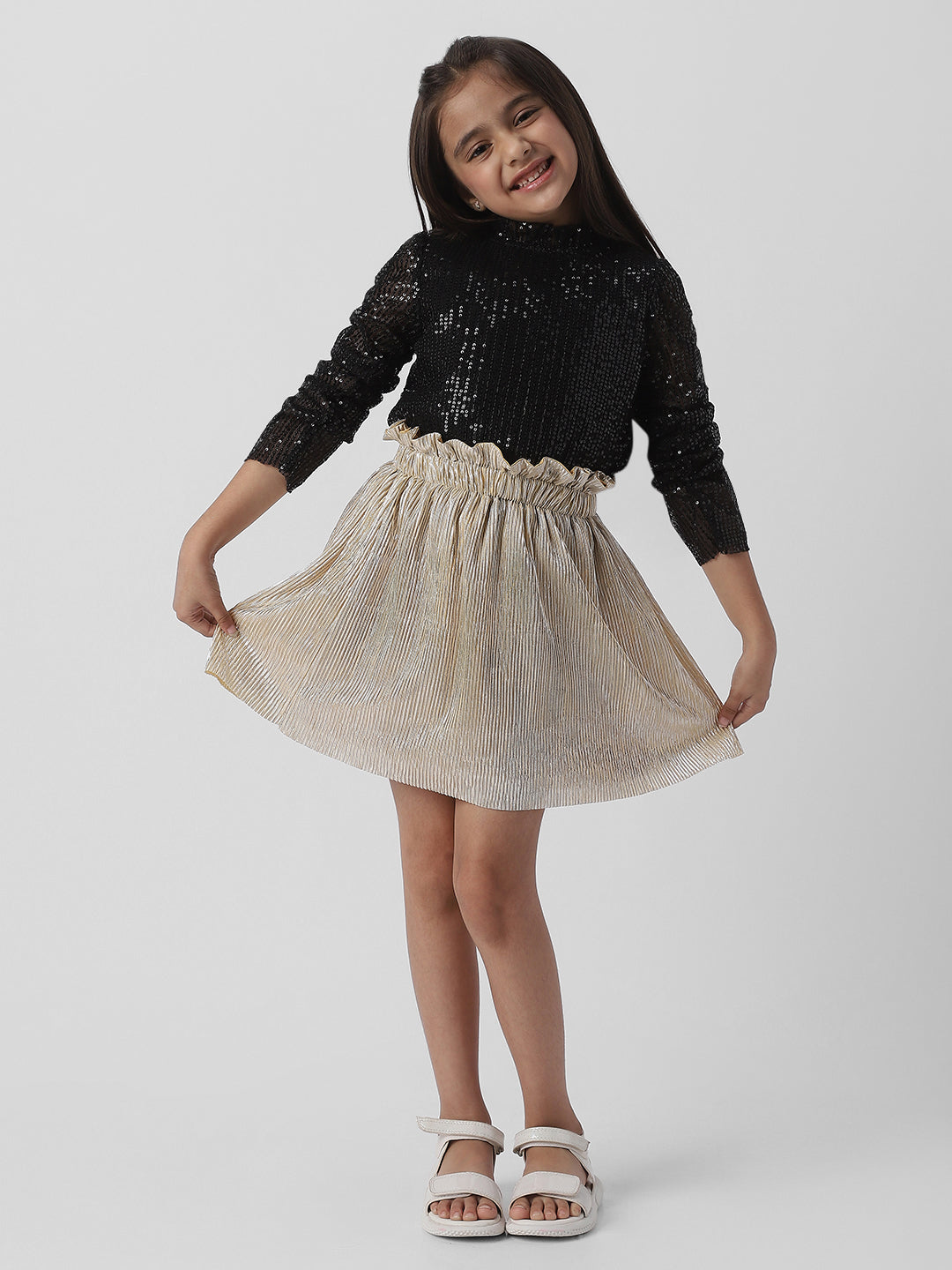 Nautinati Girls Frilled Neckline Stylised Sleeve Sequin Partywear Combo Set of Top and Skirt