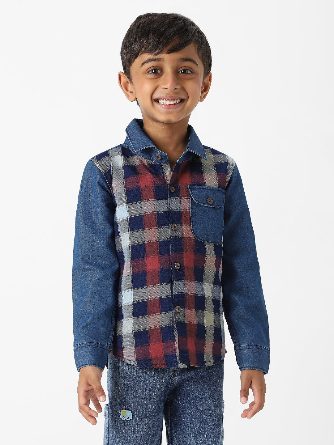 Nautinati Boys' Denim Plaid Shirt With Chest Pocket