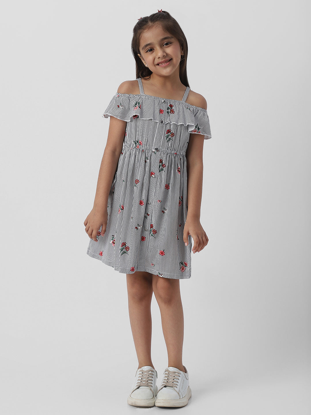 Nautinati Girls Striped Floral Print Dress