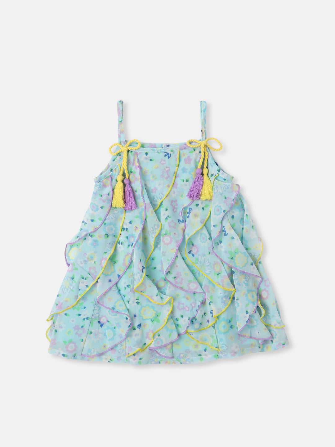Nautinati Girls Georgette Floral Printed Waterfall Dress with Tassels Detail