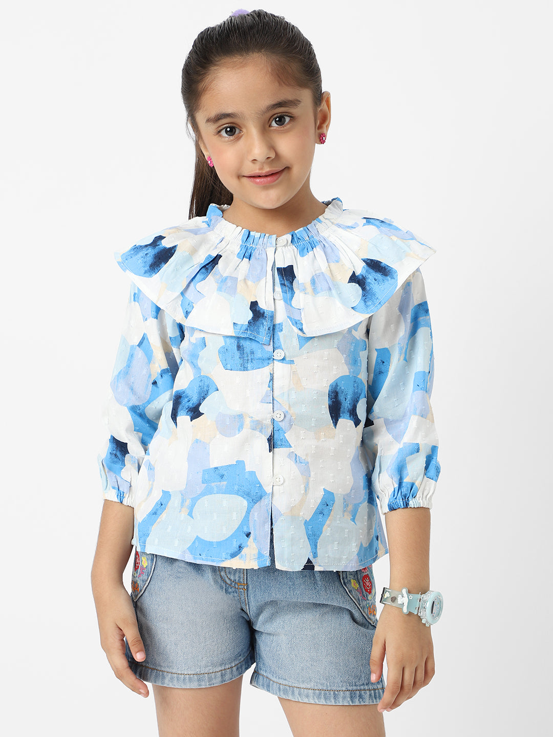 Nautinati Girls' Cotton Swiss Dot Top With Stylised Neckline