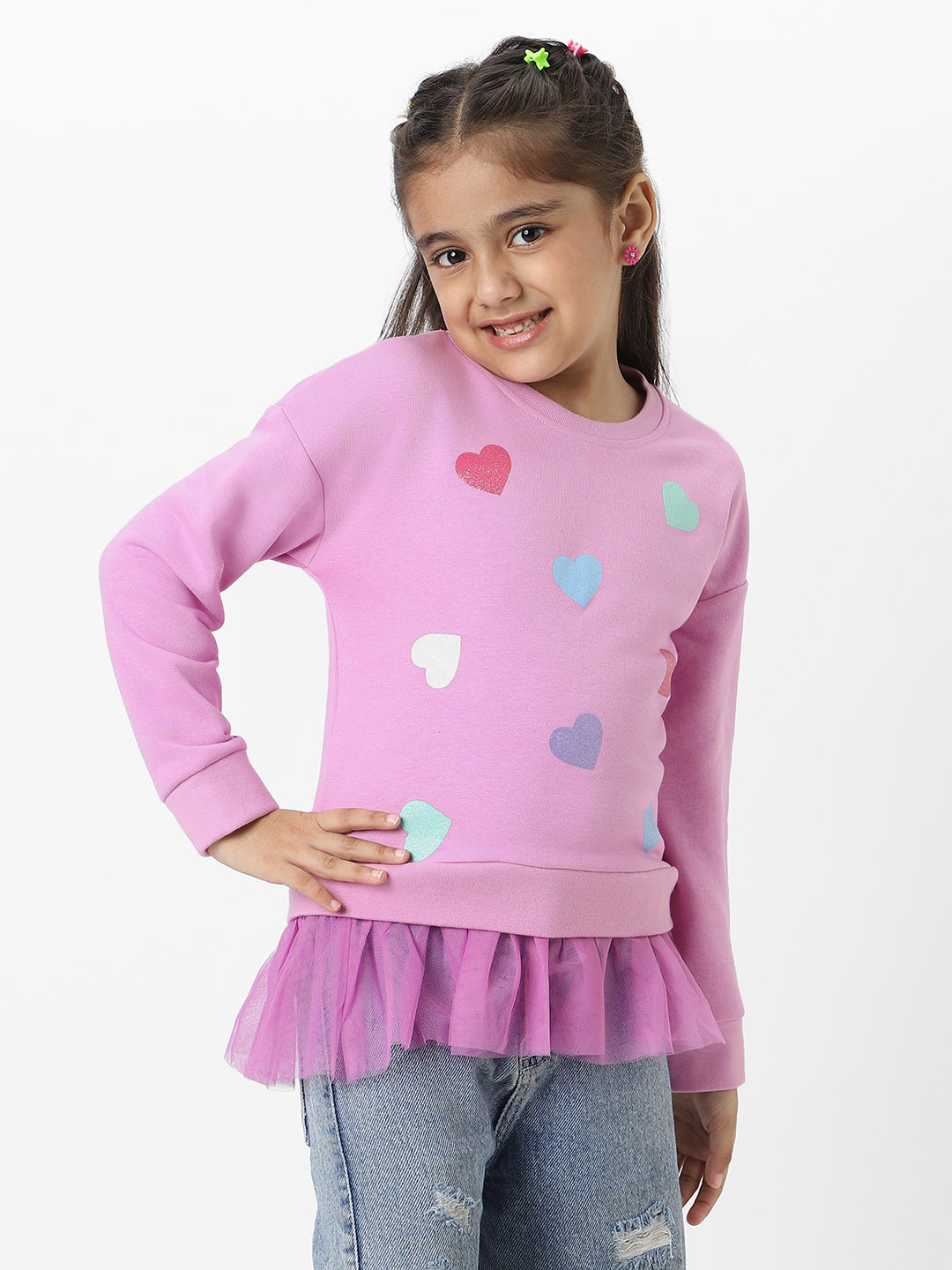 Nautinati Girls Heart Printed Round Neck Full Sleeves Sweatshirt With Frills