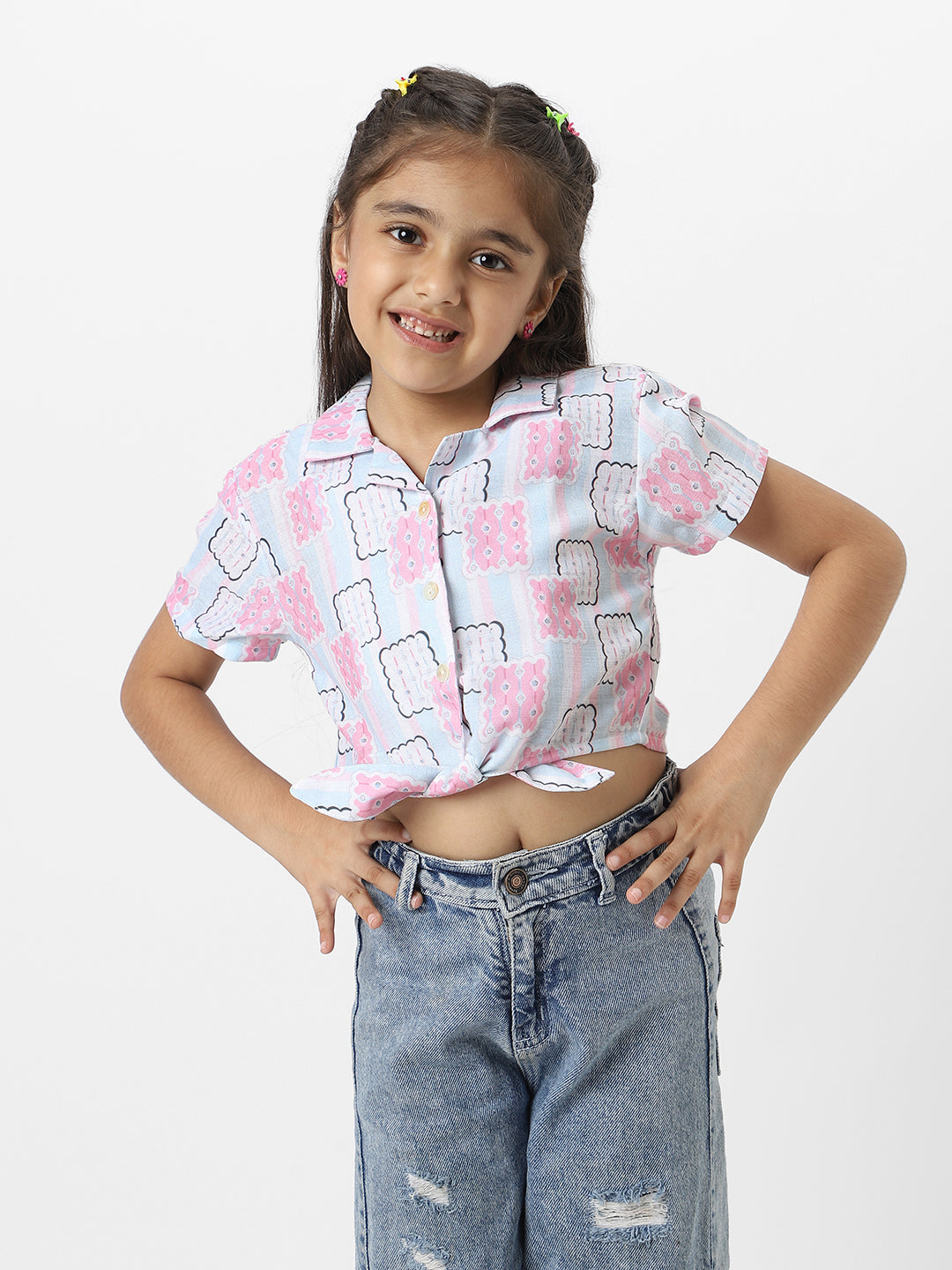 Nautinati Girls Pink And Blue Cotton Geometric Printed Everyday Wear Crop Shirt With Tie-Up Detail