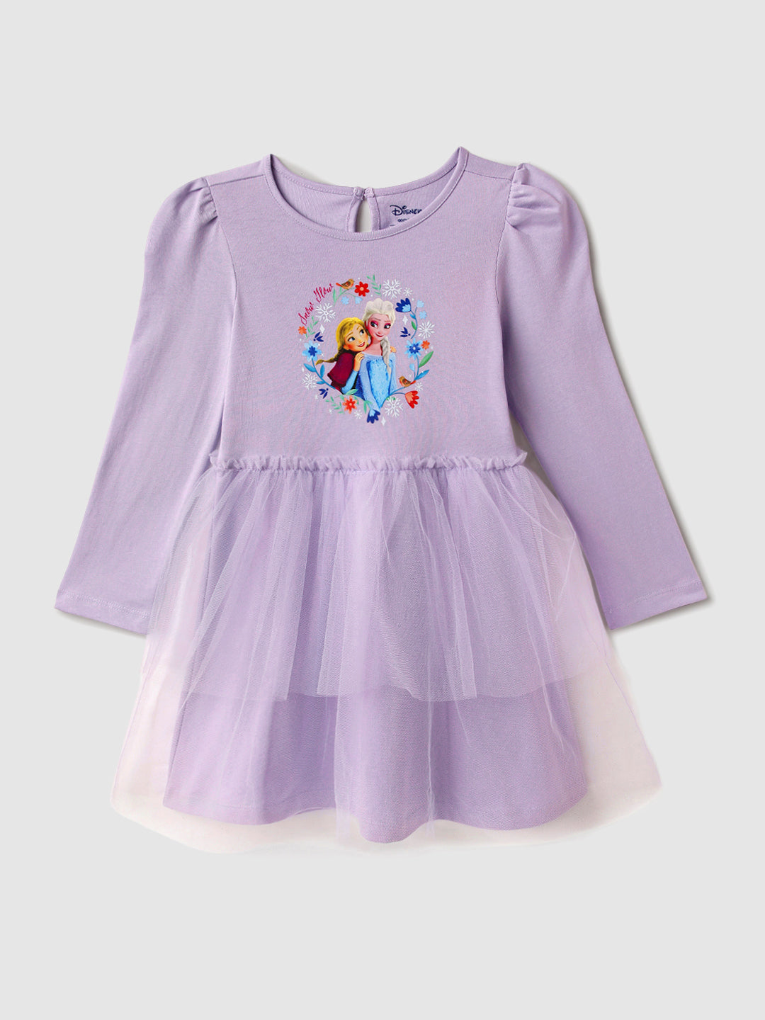 Nautinati Lavender Frozen Print Partywear Dress for Girls