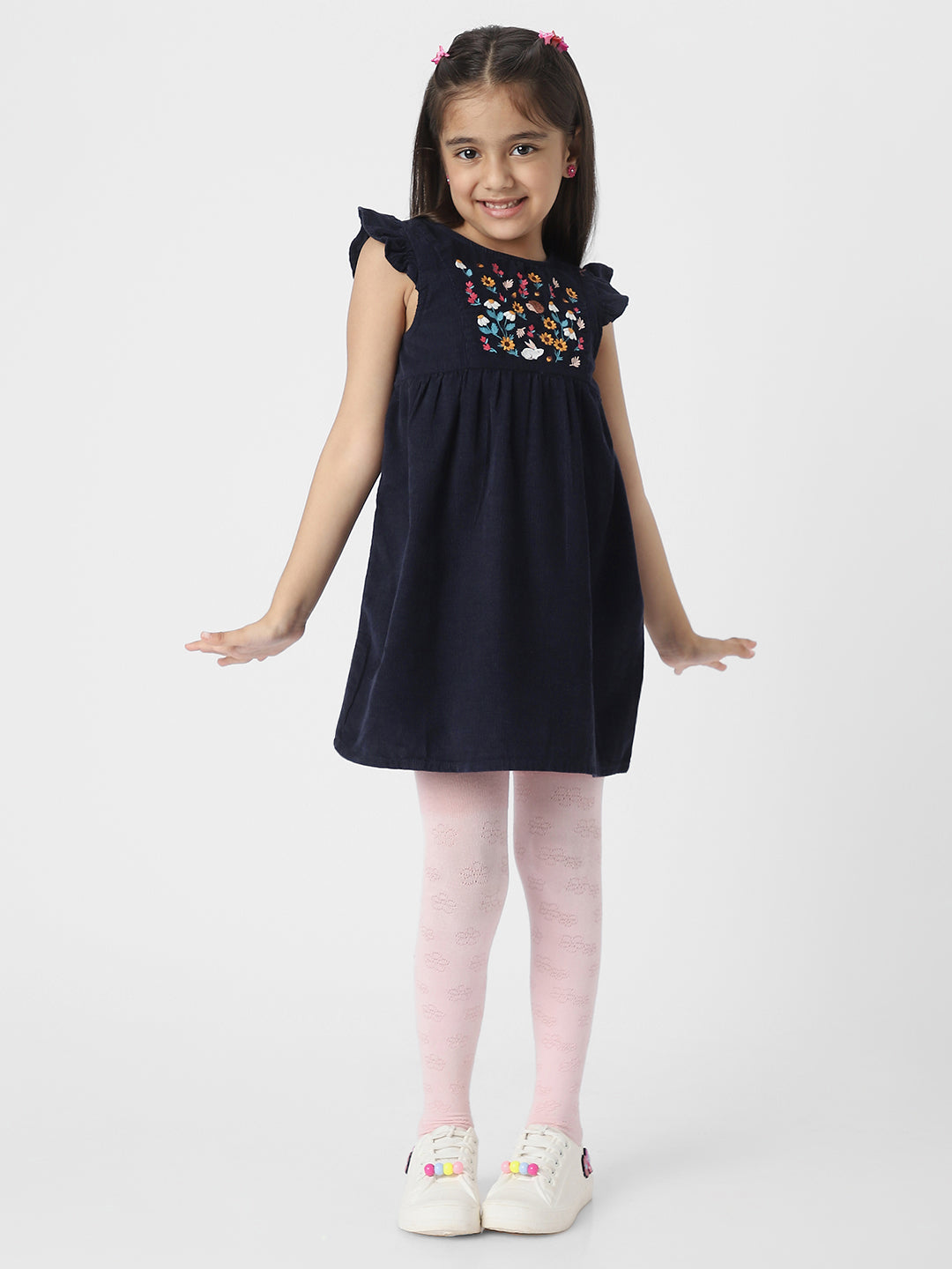 FLORAL EMBROIDERD FLUTTER SLEEVED DRESS