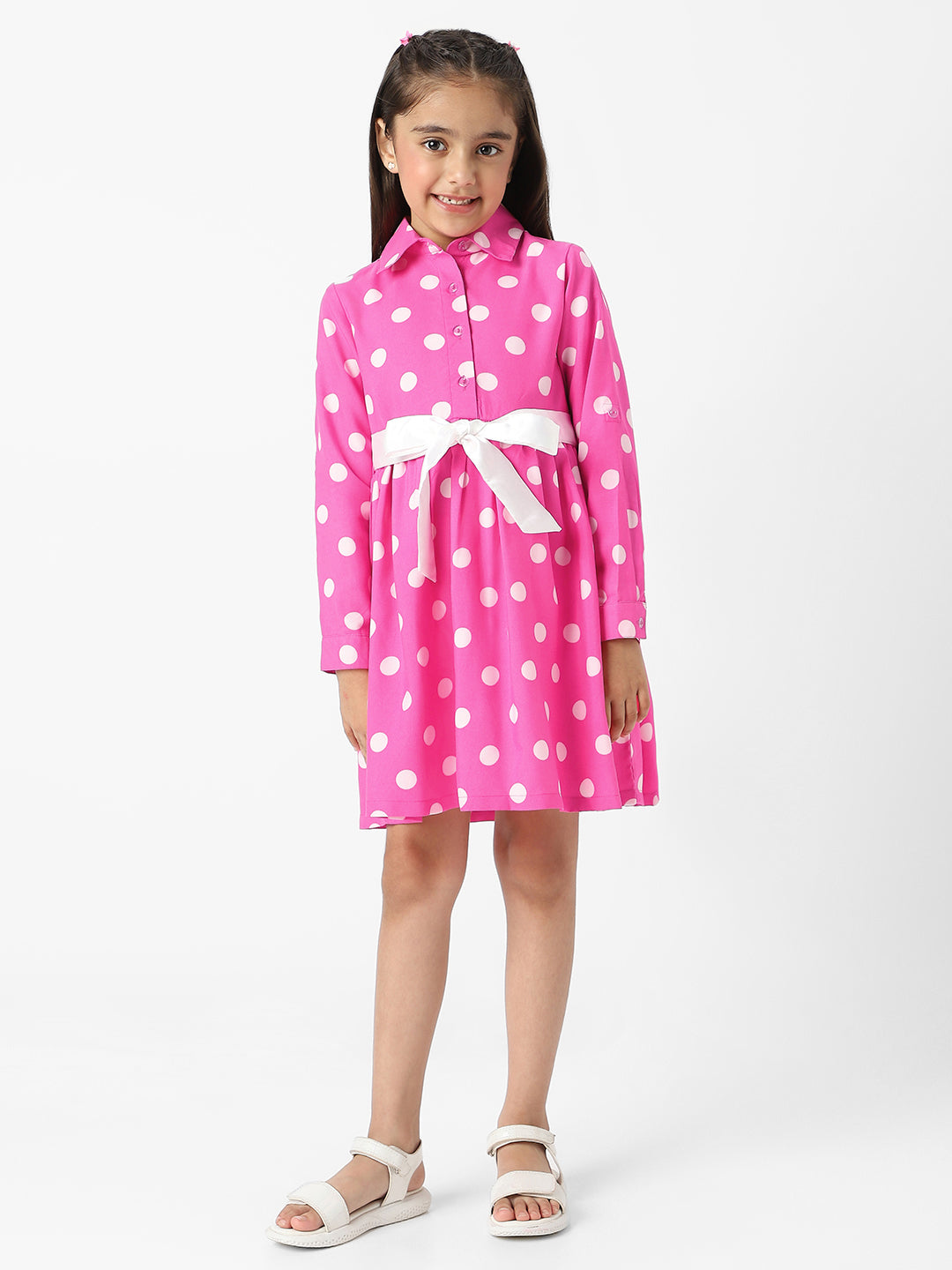 Nautinati Girls Polka Printed Shirt Dress with Satin Tie-up