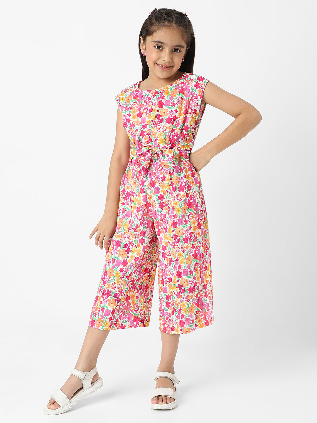 Nautinati Girls' Crepe Cotton Textured Fabric Floral Jumpsuit with Matching Tie-up Belt