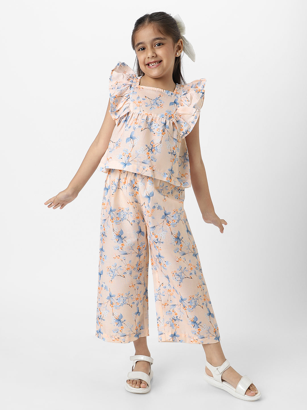 Nautinati Girls' Peach Linen Combo Set of Floral Printed Frill Sleeve Top and Matching Full Length Bottom