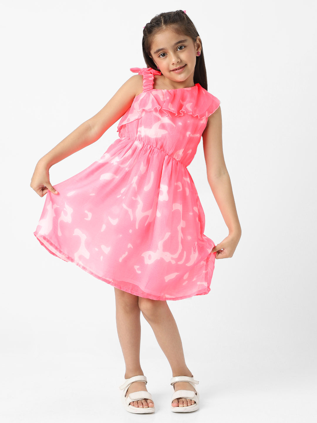 Nautinati Girls Chiffon All Over Printed Strap Sleeve Frill Dress