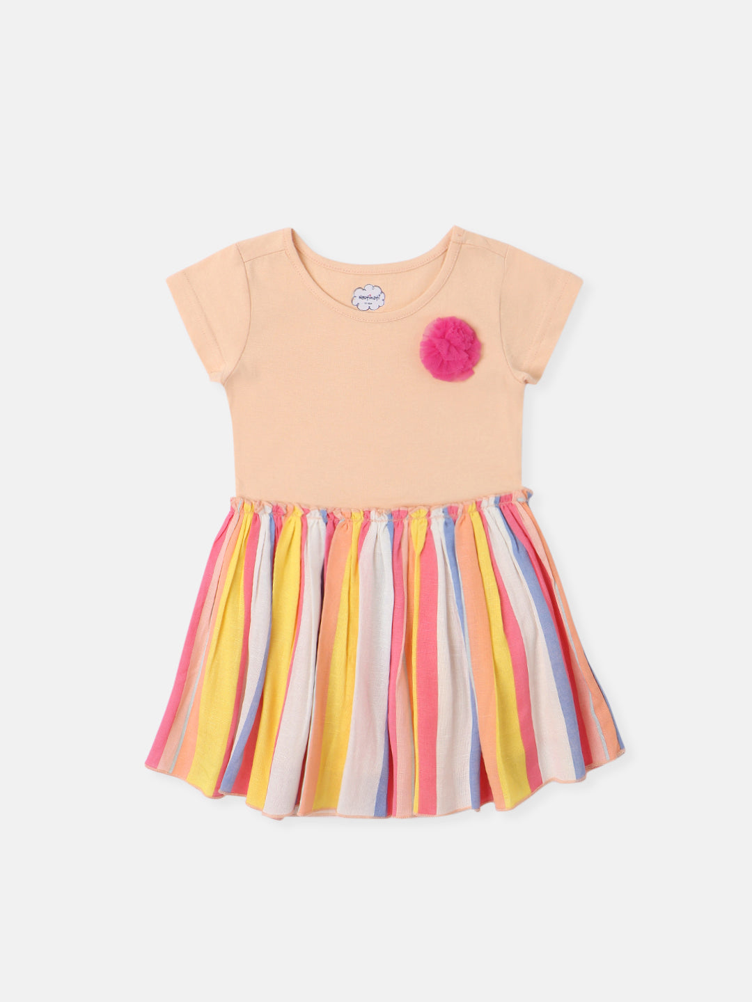 Nautinati Girls Cotton Striped Mesh Dress with Knitted Upper Bodice