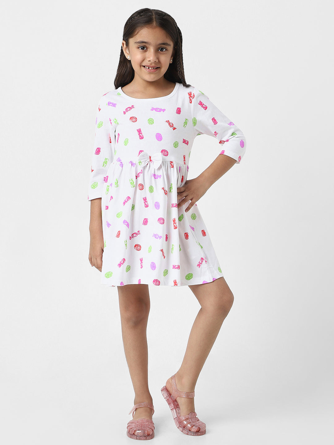 Nautinati Girls’ White Jersey Cotton Printed Dress