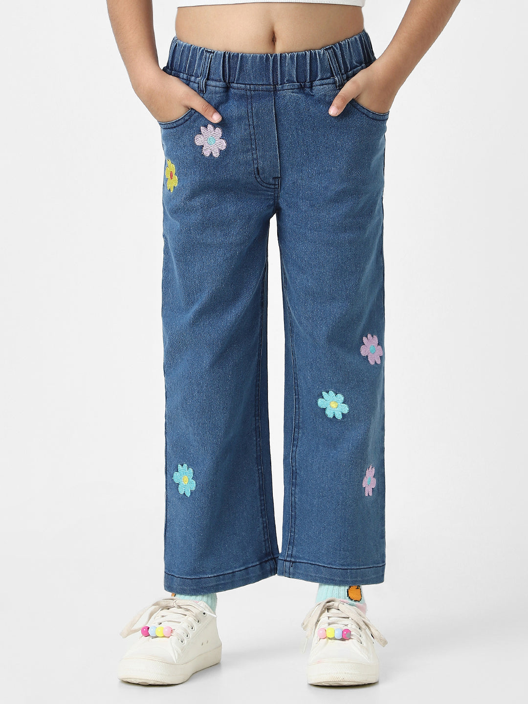 Nautinati Girls' Cotton Denim Jeans with Little Flower Appliques