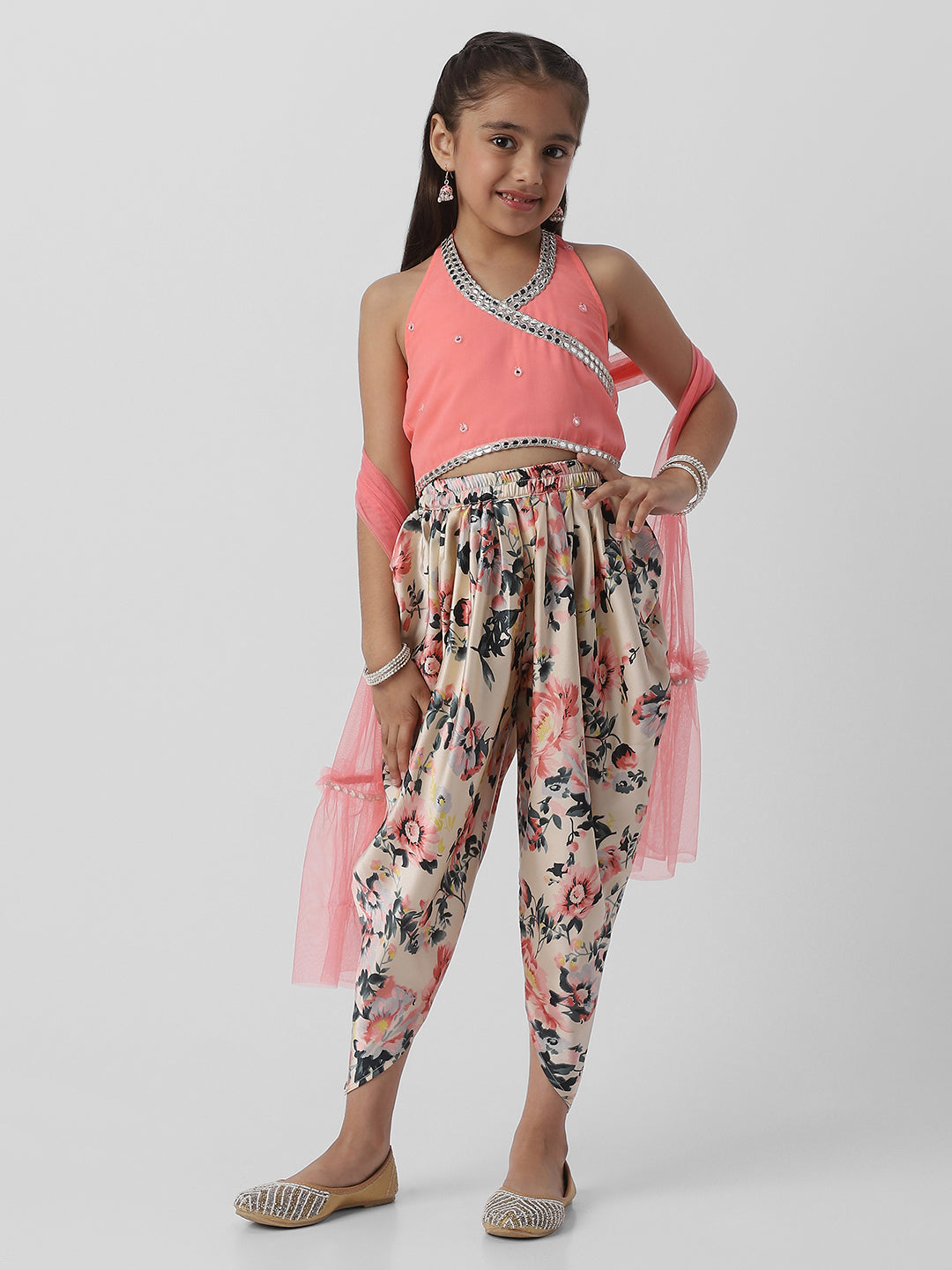 Nautinati Girls Halter Neck Mirror Lace Top and Printed Patiala Pants with Net Dupatta