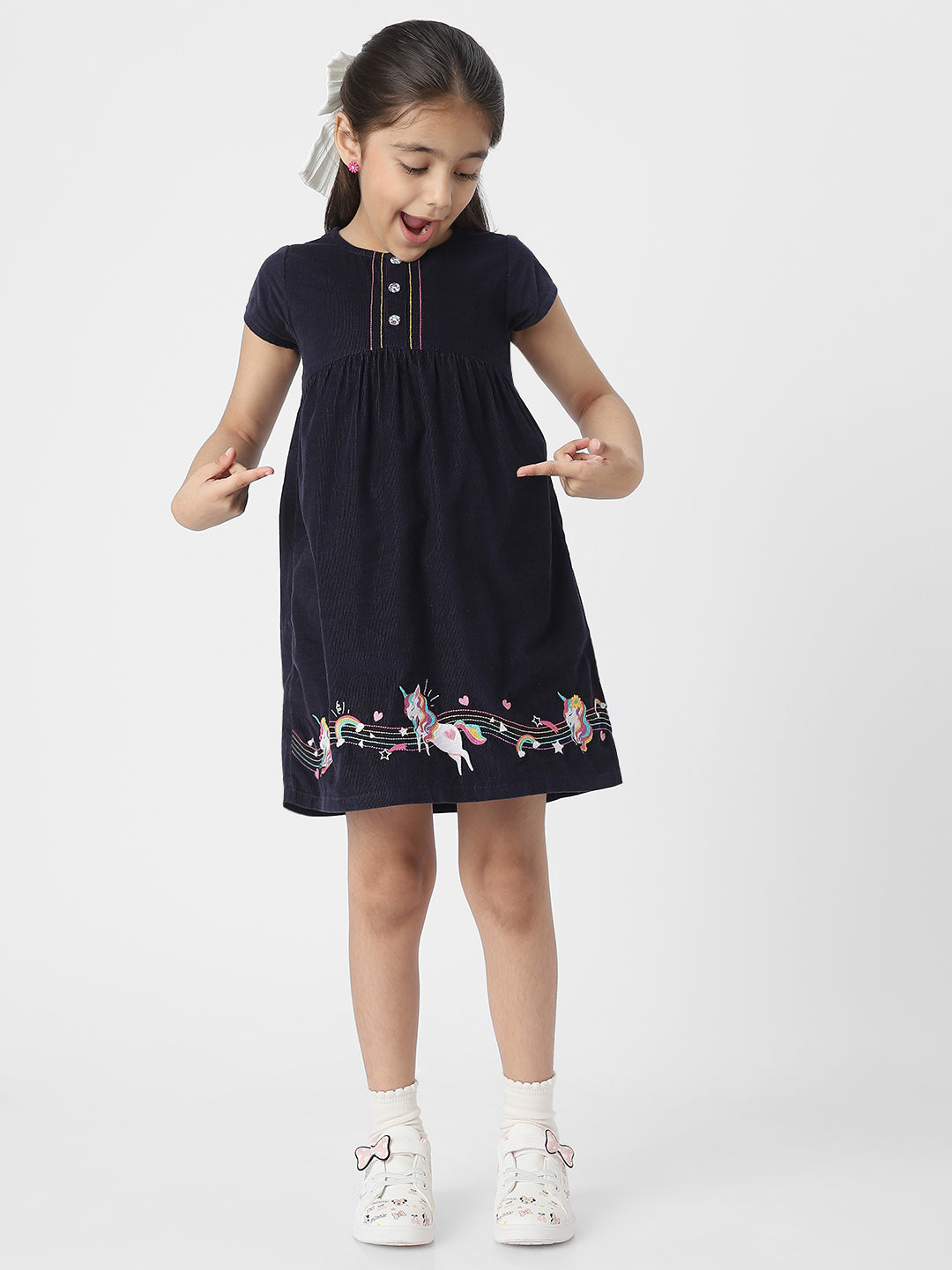 UNICORN EMBROIDERD FIT & FLARED CORDUROY DRESS