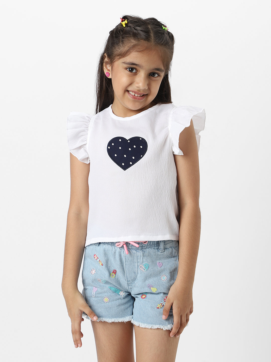 Nautinati Girls White Frill Sleeve Everyday Wear Crepe Top With Navy Heart Patch