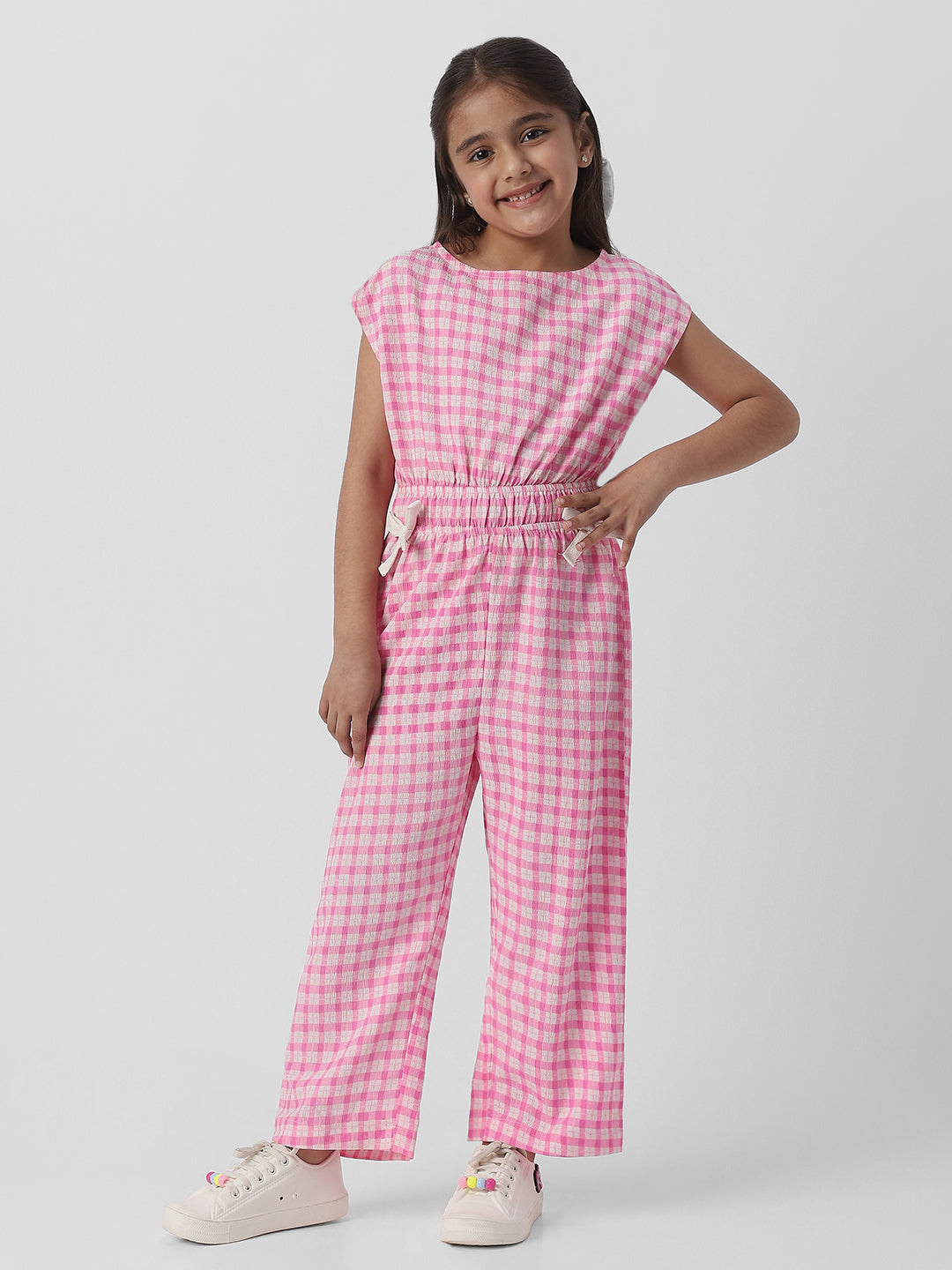 Nautinati Girls Cotton Textured Fabric Gingham Checked Jumpsuit with Bow Detail
