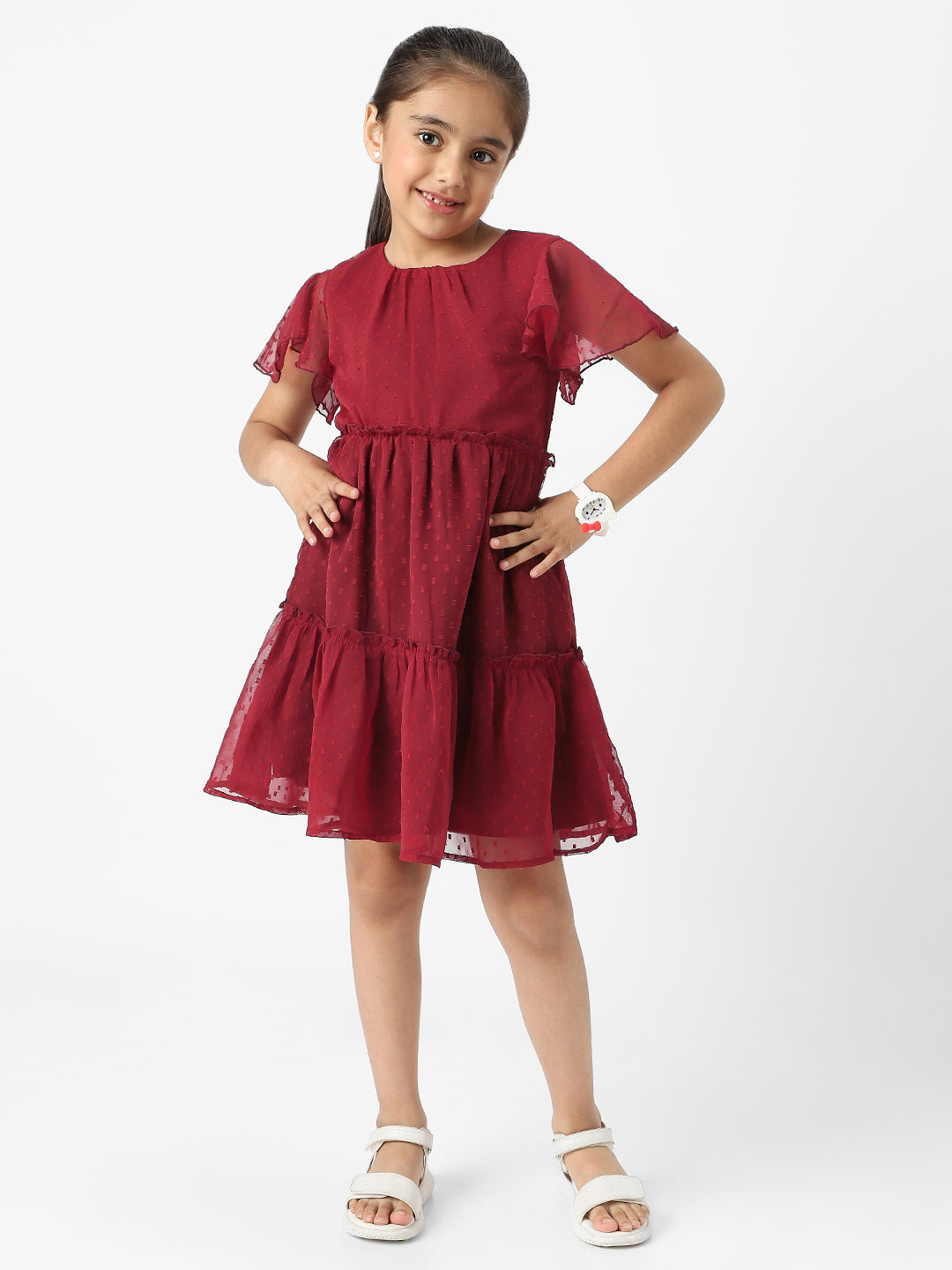 Nautinati Girls Textured Fabric Swiss Dot Tiered Dress