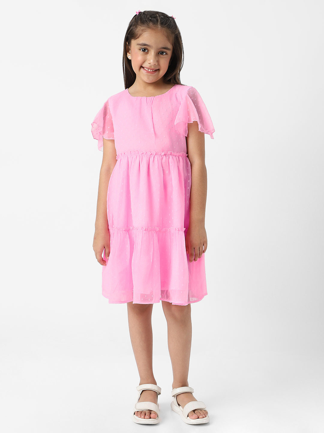 Nautinati Girls Textured Fabric Swiss Dot Tiered Dress