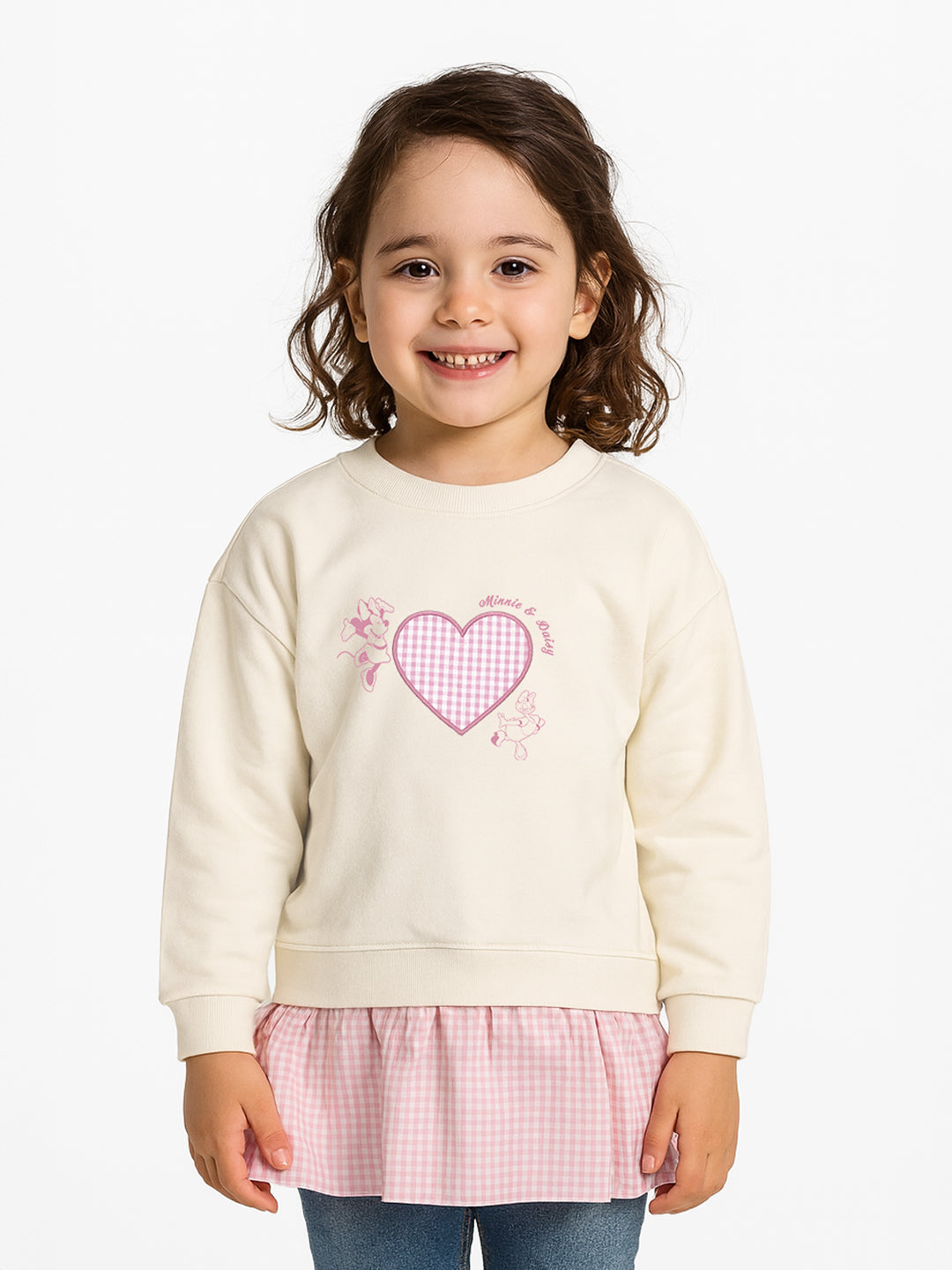 Nautinati Cream and Pink Minnie Mouse and Daisy Heart Print Sweatshirt for Girls