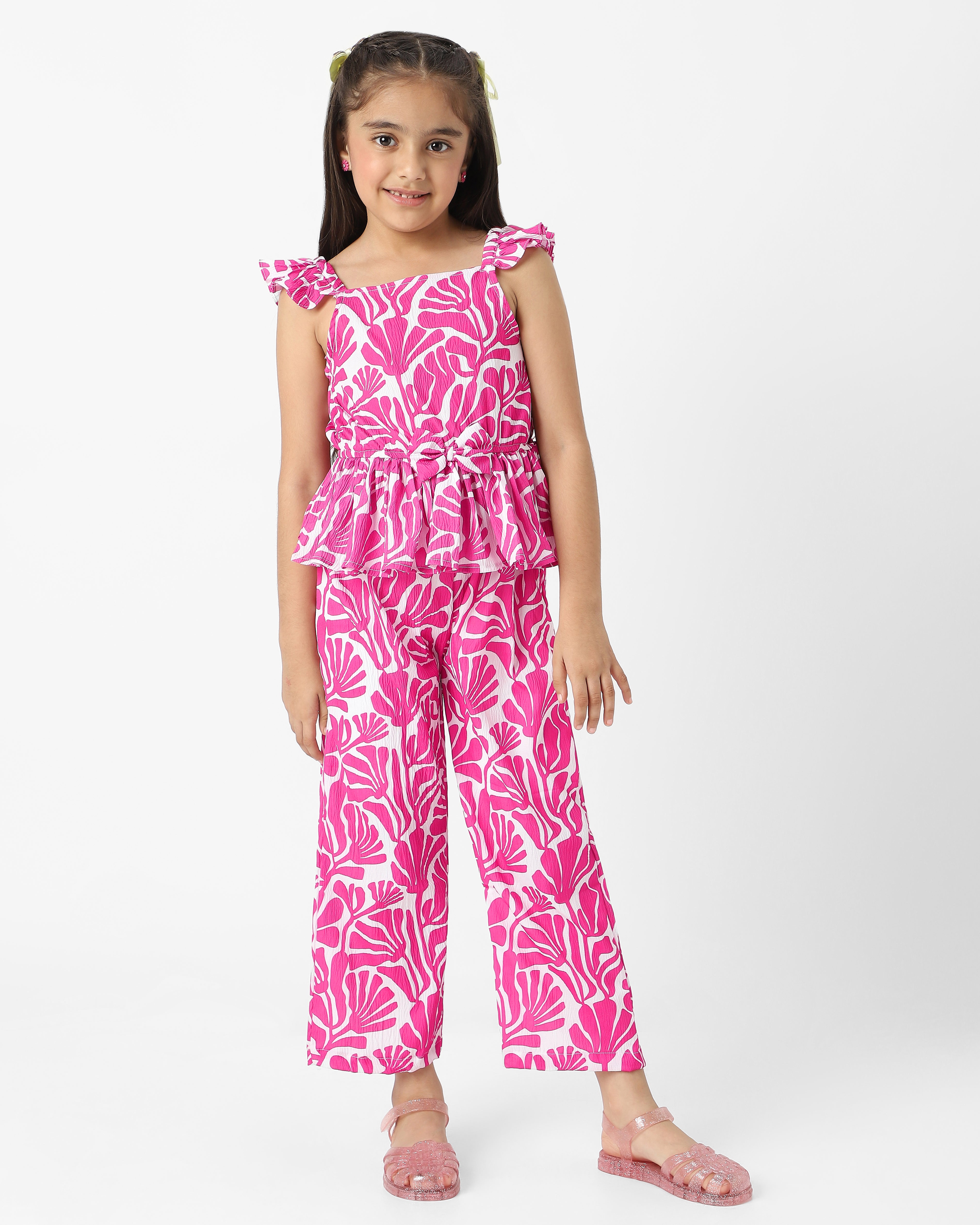 Nautinati Girls' Combo Set of Stylised Sleeves Top and Bottoms