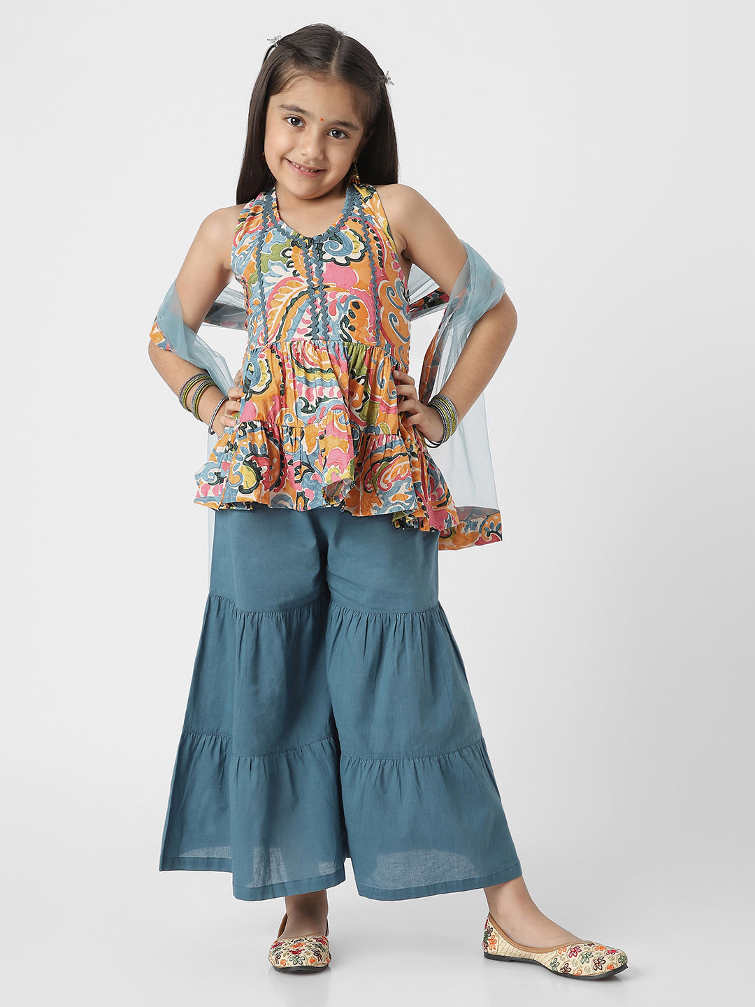 Nautinati Girls' Printed Kurti Sharara Set With Dupatta