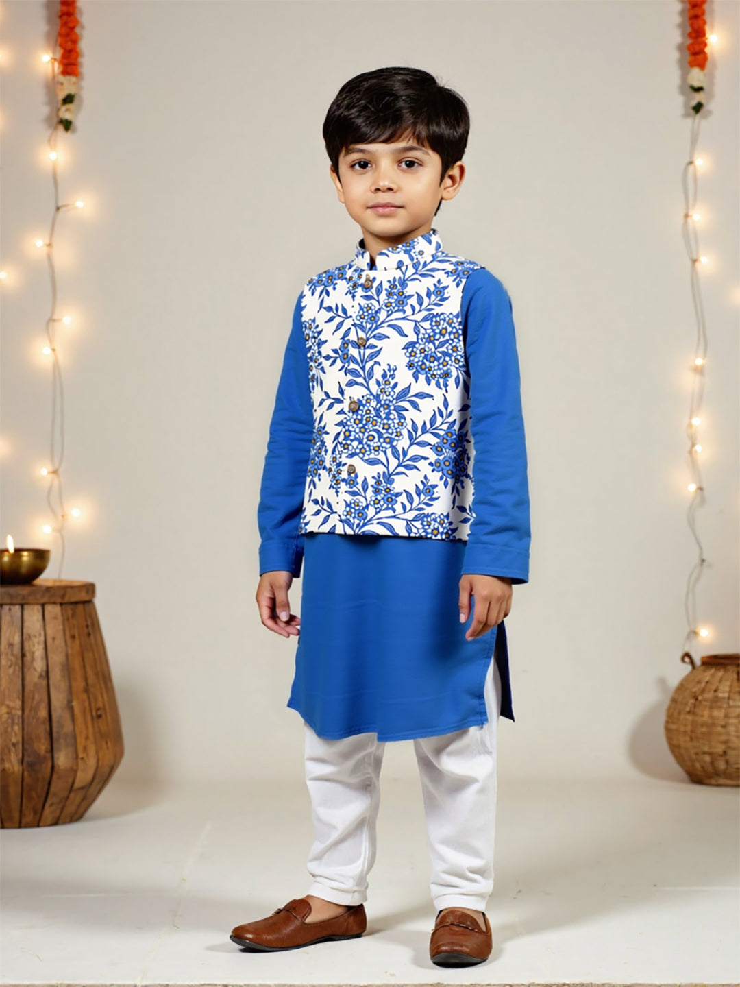 Nautinati Boys' Cotton Festive Kurta Pyjama With Jacket Set | Block Print Jacket | Age 2 - 10 Years