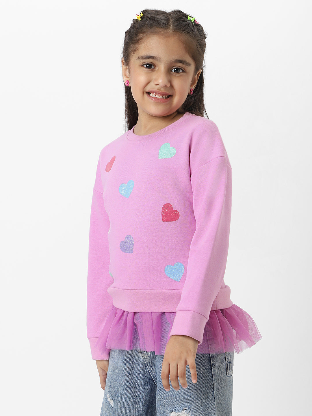 Nautinati Girls Heart Printed Round Neck Full Sleeves Sweatshirt With Frills