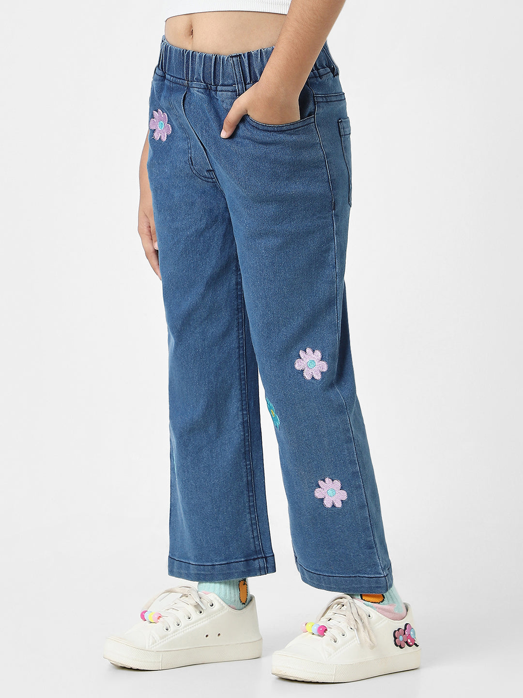 Nautinati Girls' Cotton Denim Jeans with Little Flower Appliques