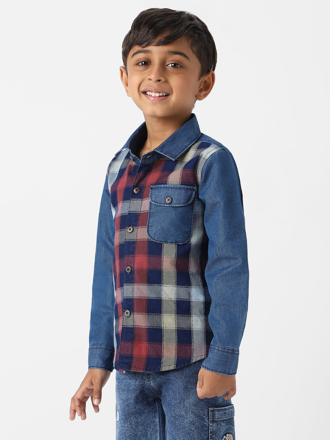 Nautinati Boys' Denim Plaid Shirt With Chest Pocket