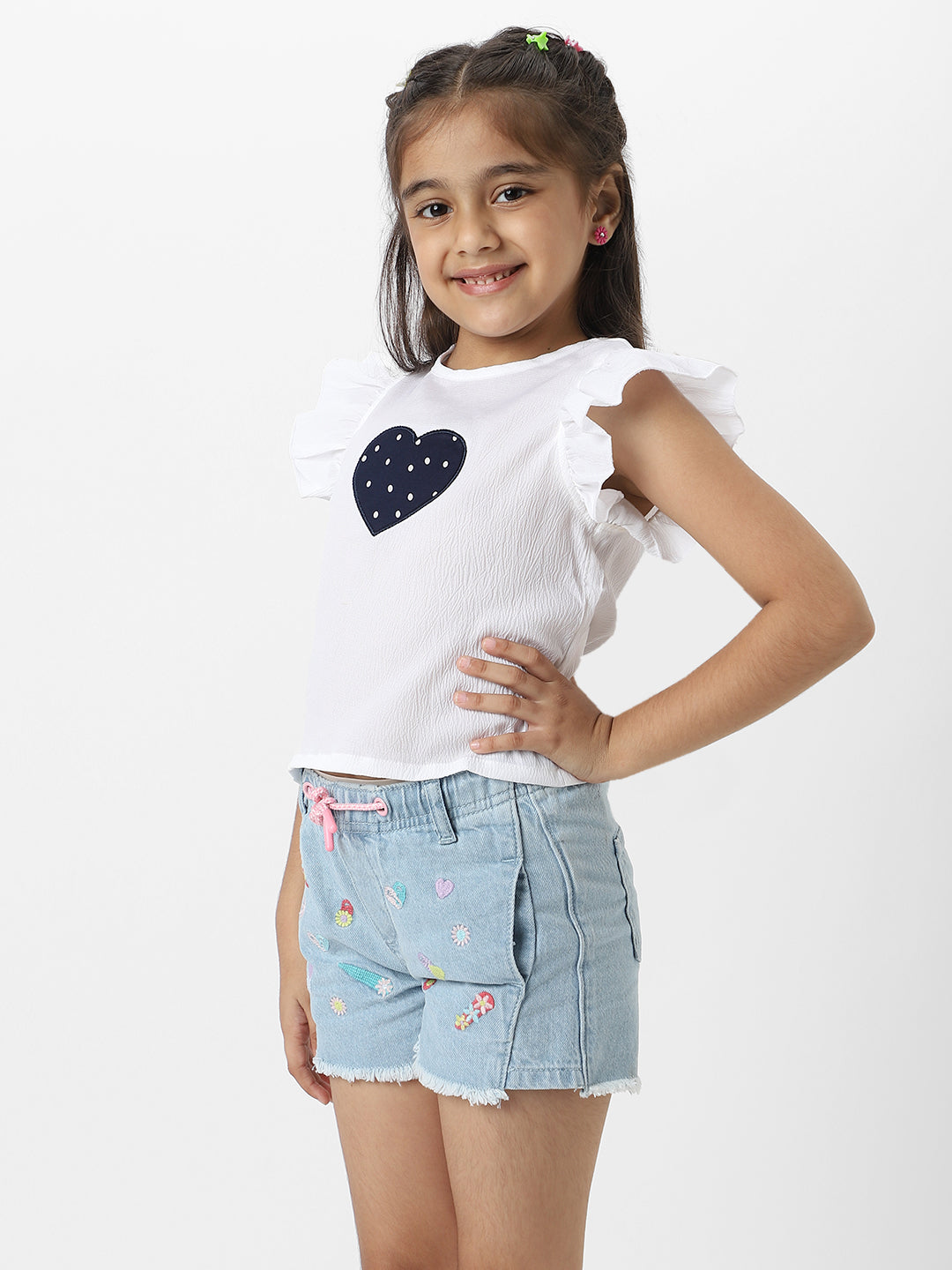 Nautinati Girls White Frill Sleeve Everyday Wear Crepe Top With Navy Heart Patch