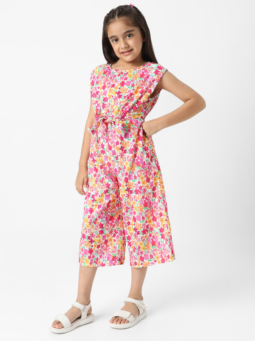 Nautinati Girls' Crepe Cotton Textured Fabric Floral Jumpsuit with Matching Tie-up Belt