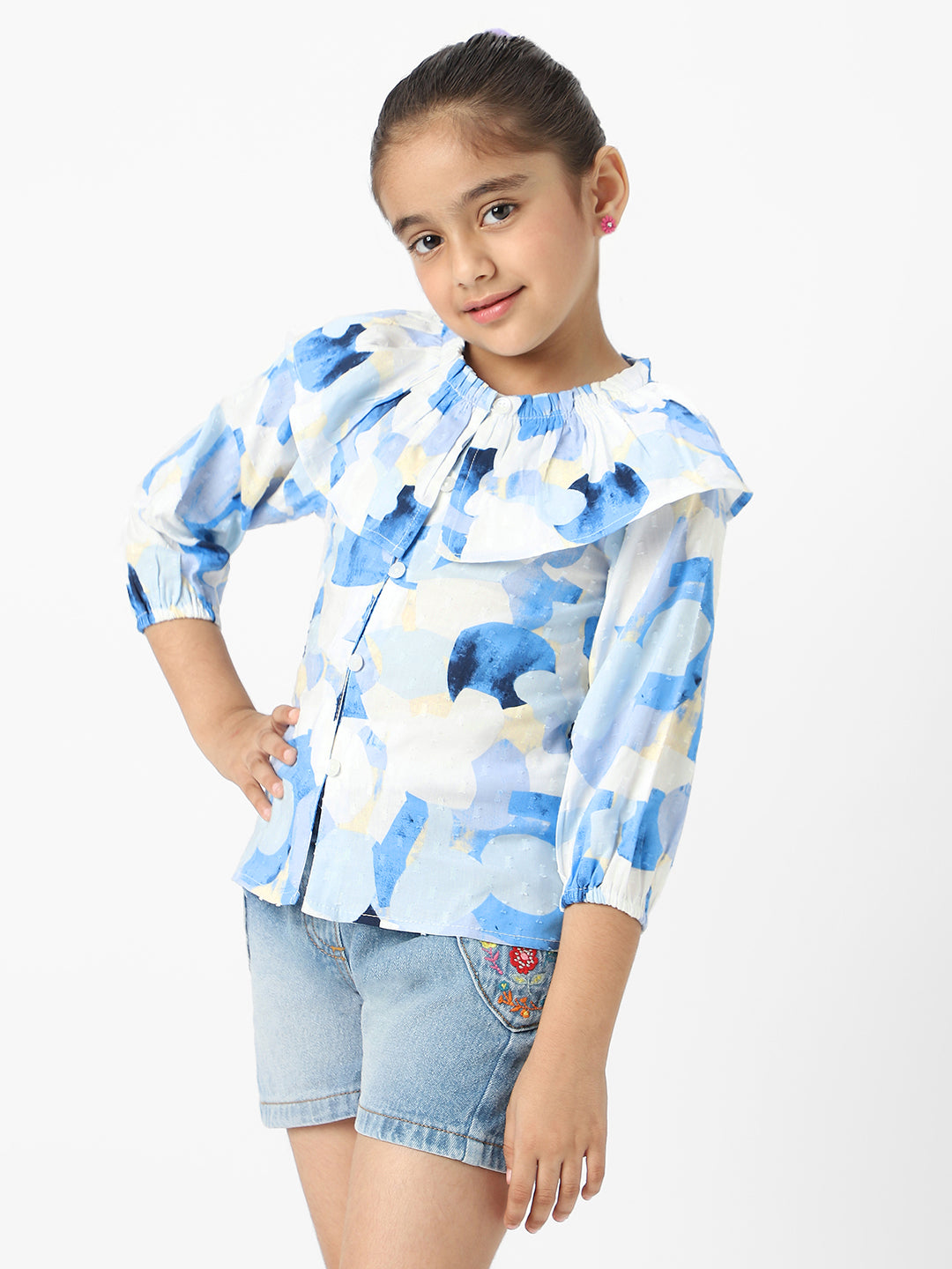 Nautinati Girls' Cotton Swiss Dot Top With Stylised Neckline