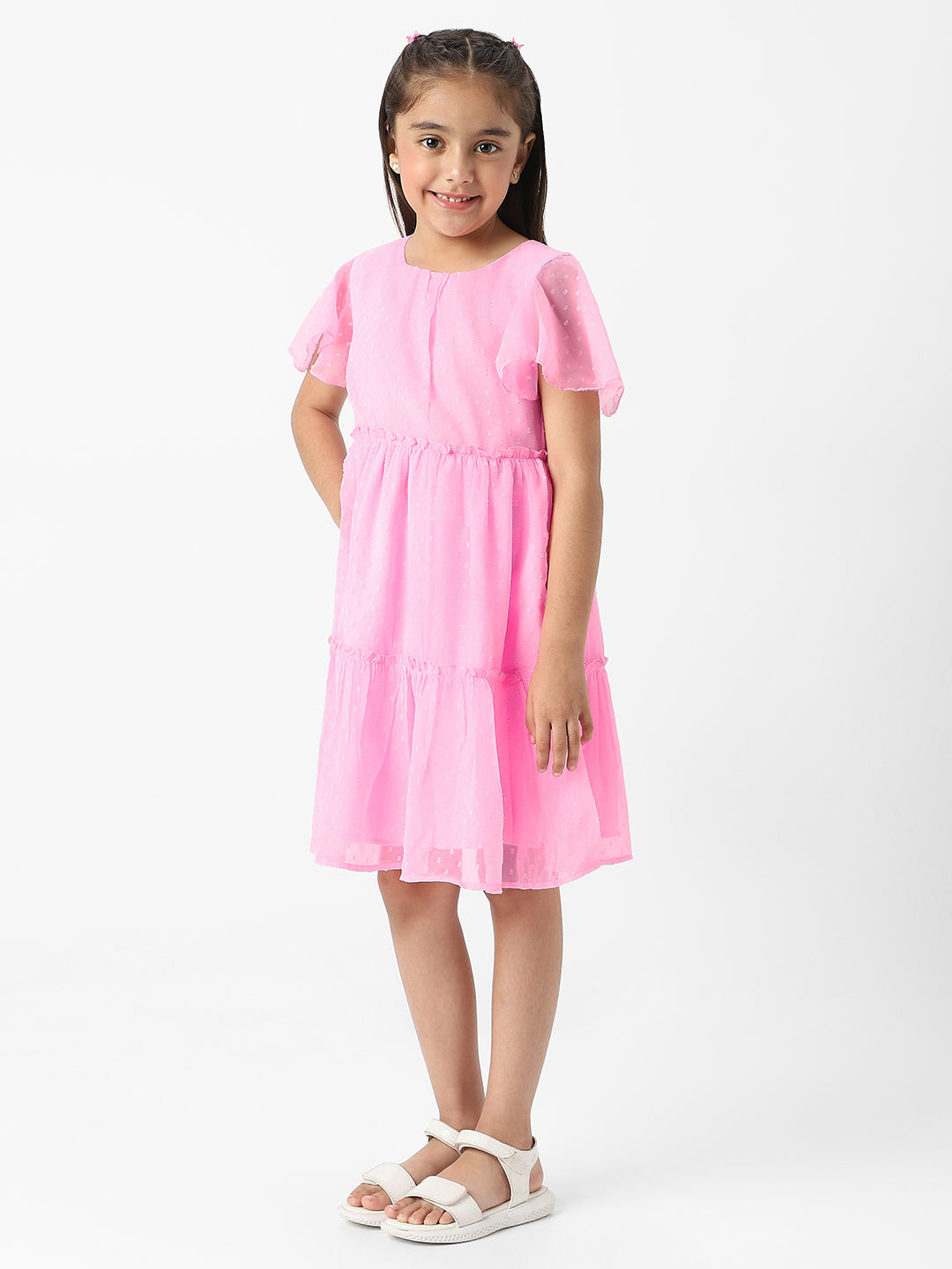 Nautinati Girls Textured Fabric Swiss Dot Tiered Dress
